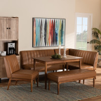 Baxton Studio BBT8051.12-TanWalnut-5PC Dining Nook Set Baxton Studio Daymond Mid-Century Modern Tan Faux Leather Upholstered and Walnut Brown Finished Wood 5-Piece Dining Nook Set